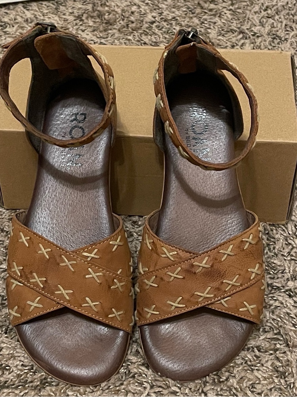 ROAN Women's Brown Cross-Stitch Ankle-Strap Sandals